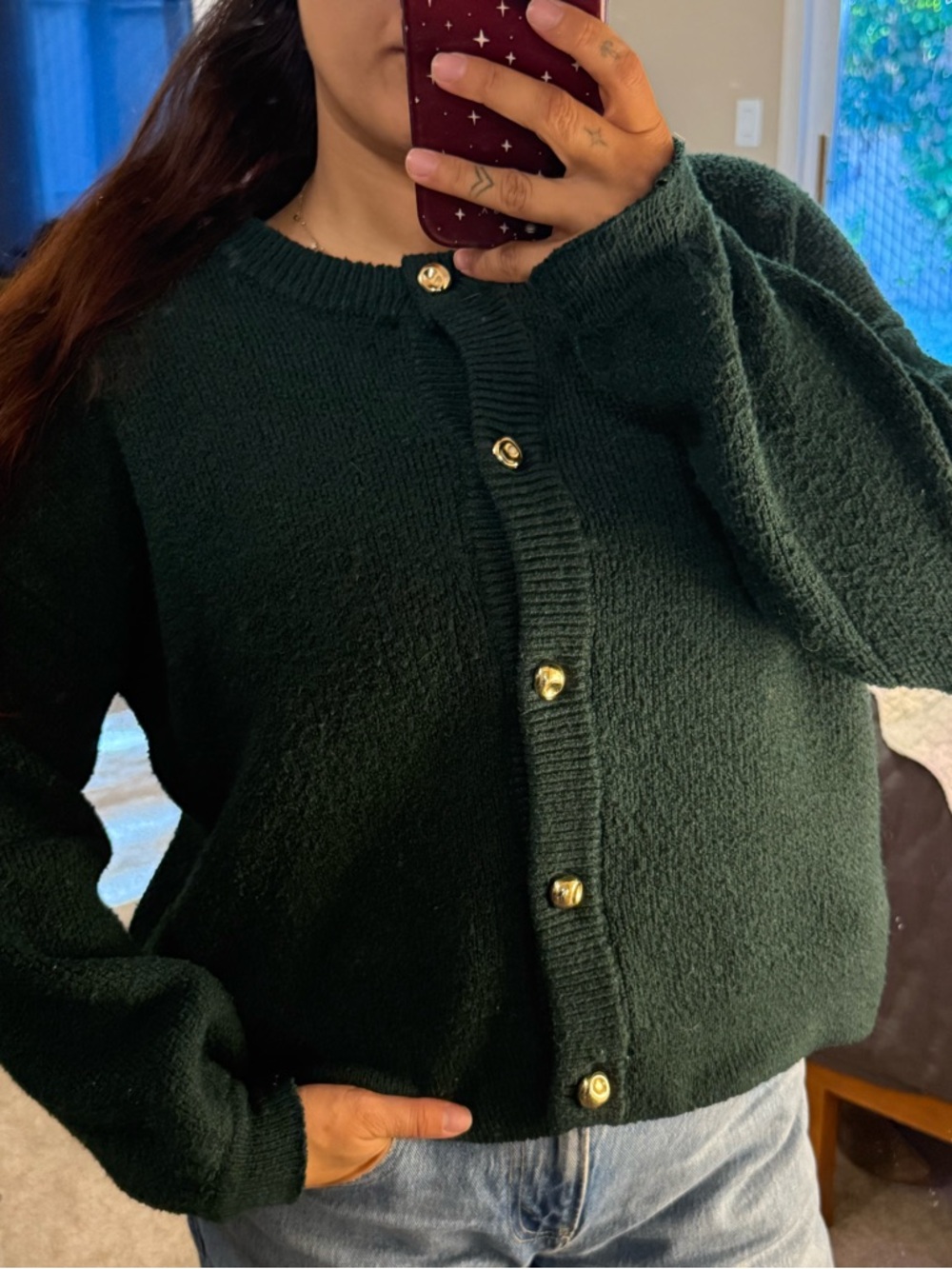 Dark Green Button-Front Women's Sweater Cardigan